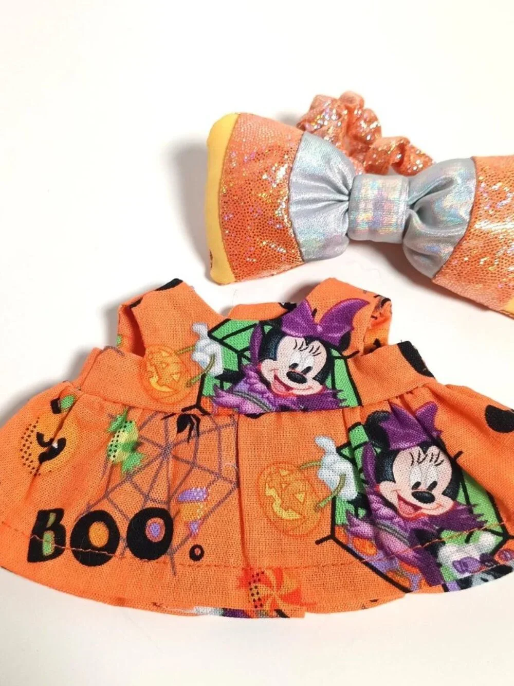 Labubu Minnie Mouse Boo Halloween Dress with Metallic Candy Corn Bow Outfit